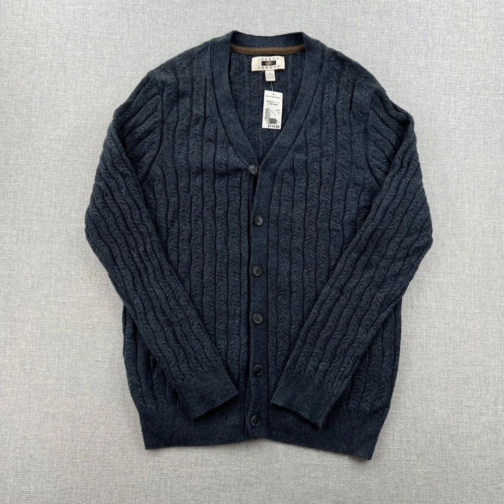 NEW Joseph Abboud Cardigan Sweater Mens L Blue Cable Knit Wool Blend V-Neck Dad